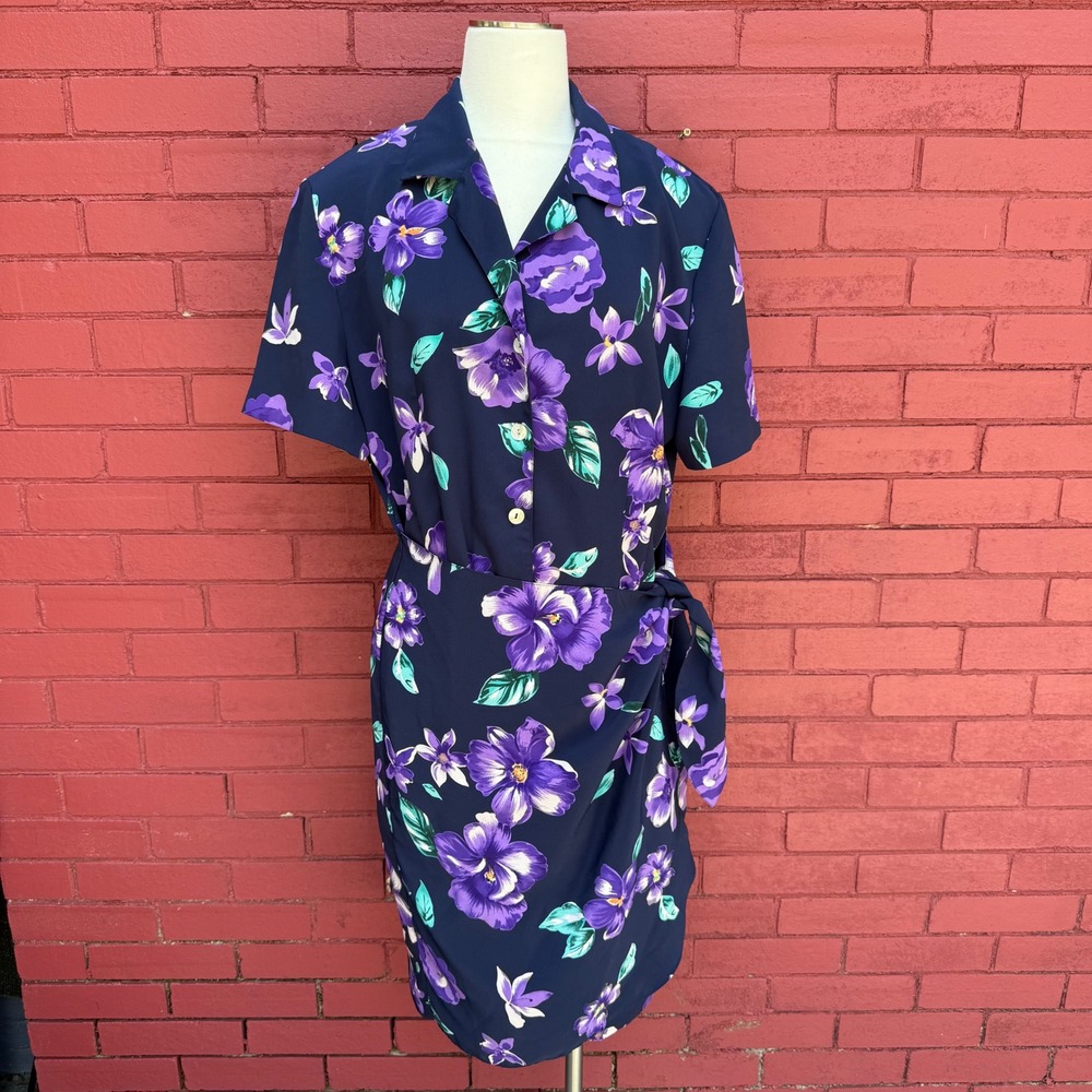 Vintage 90s Wrap Skirt Dress Womens Size L Floral Faux Wrap Short Sleeve Fairy